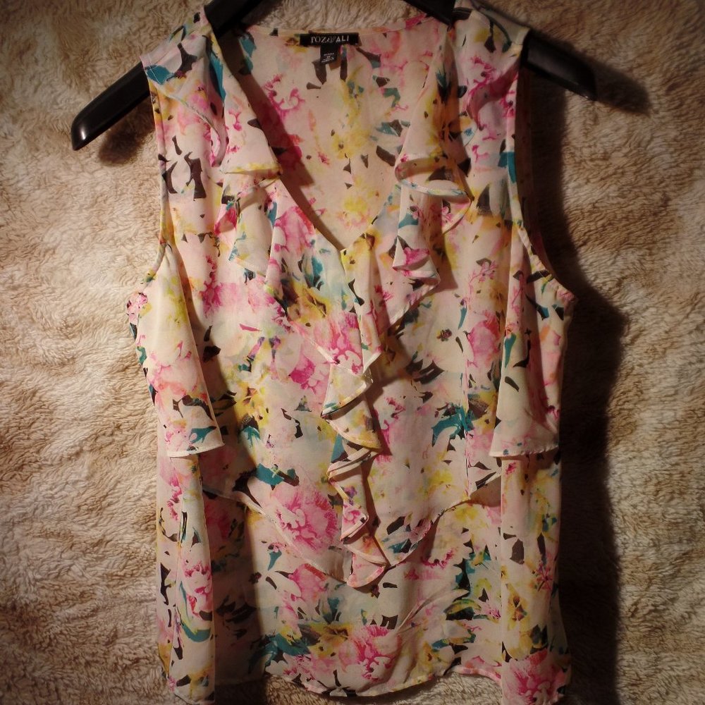 White/turquoise/pink front ruffle semi-sheer sleeveless top